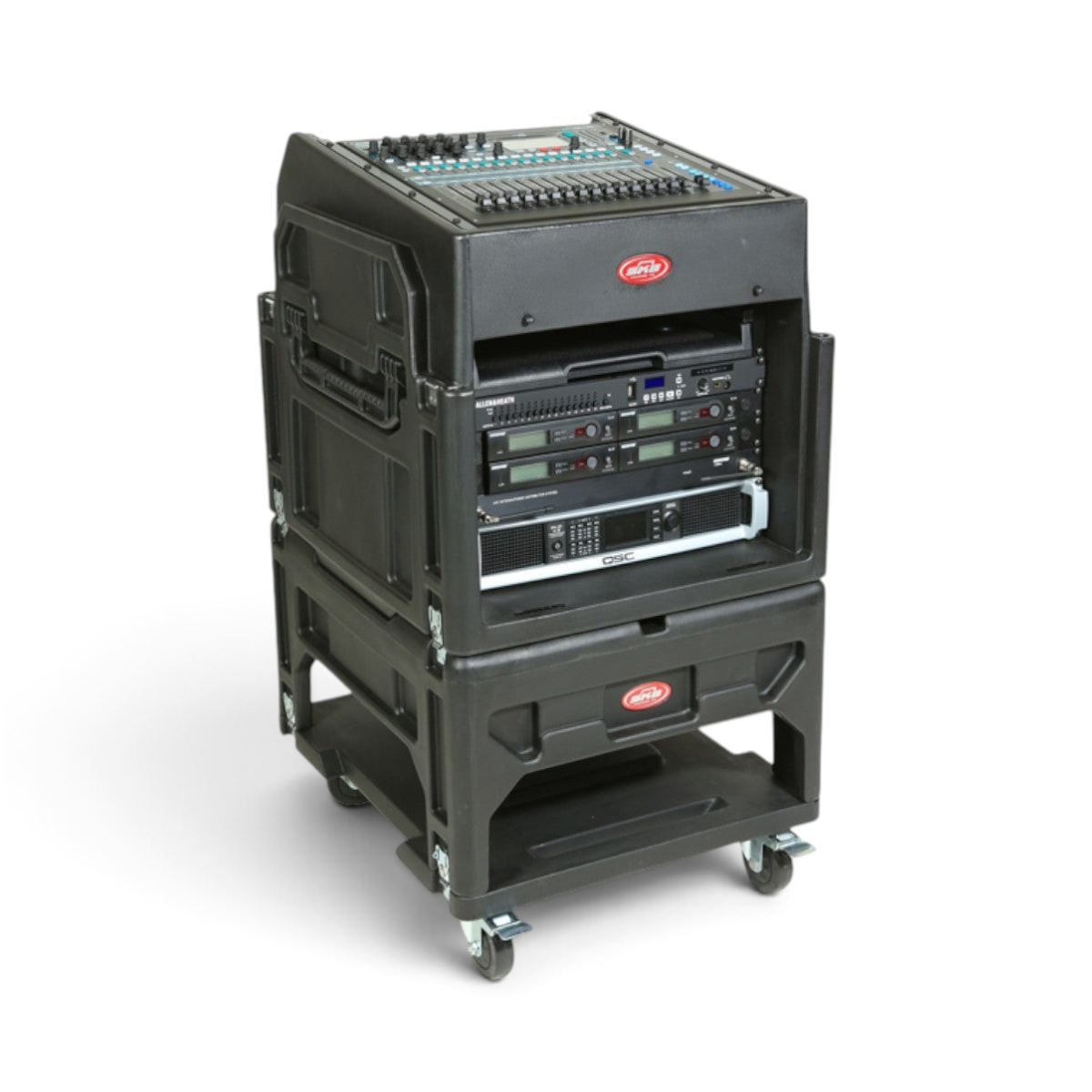 SKB Cases Gig Rig 12U rack case with mixer and audio equipment mounted on heavy-duty locking casters