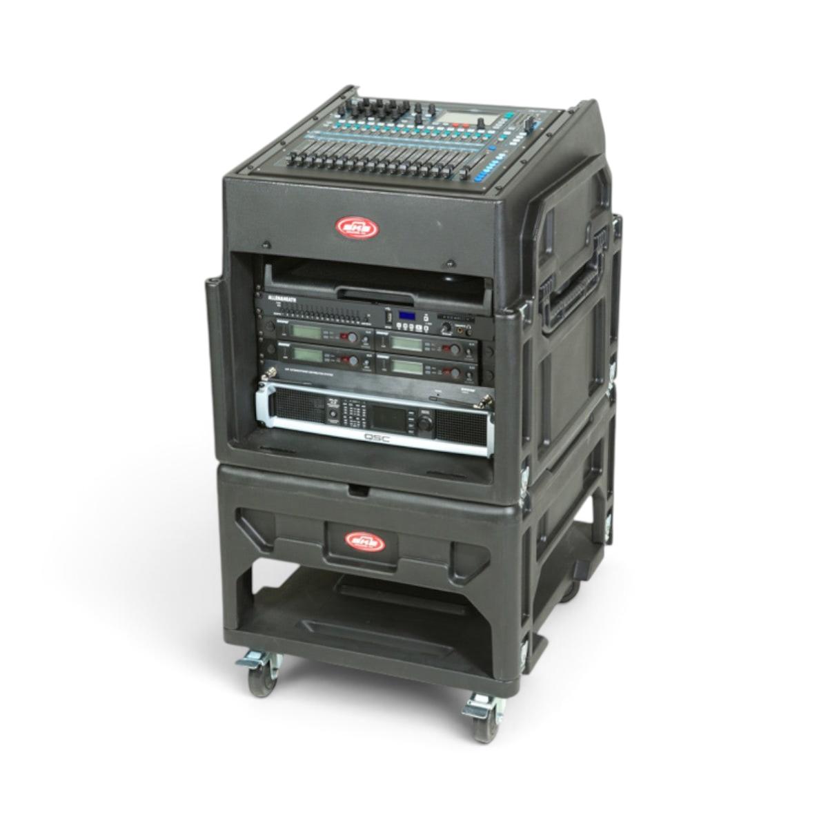 SKB Cases Gig Rig 12U rack case with mixer and mounted audio equipment on heavy-duty locking castors