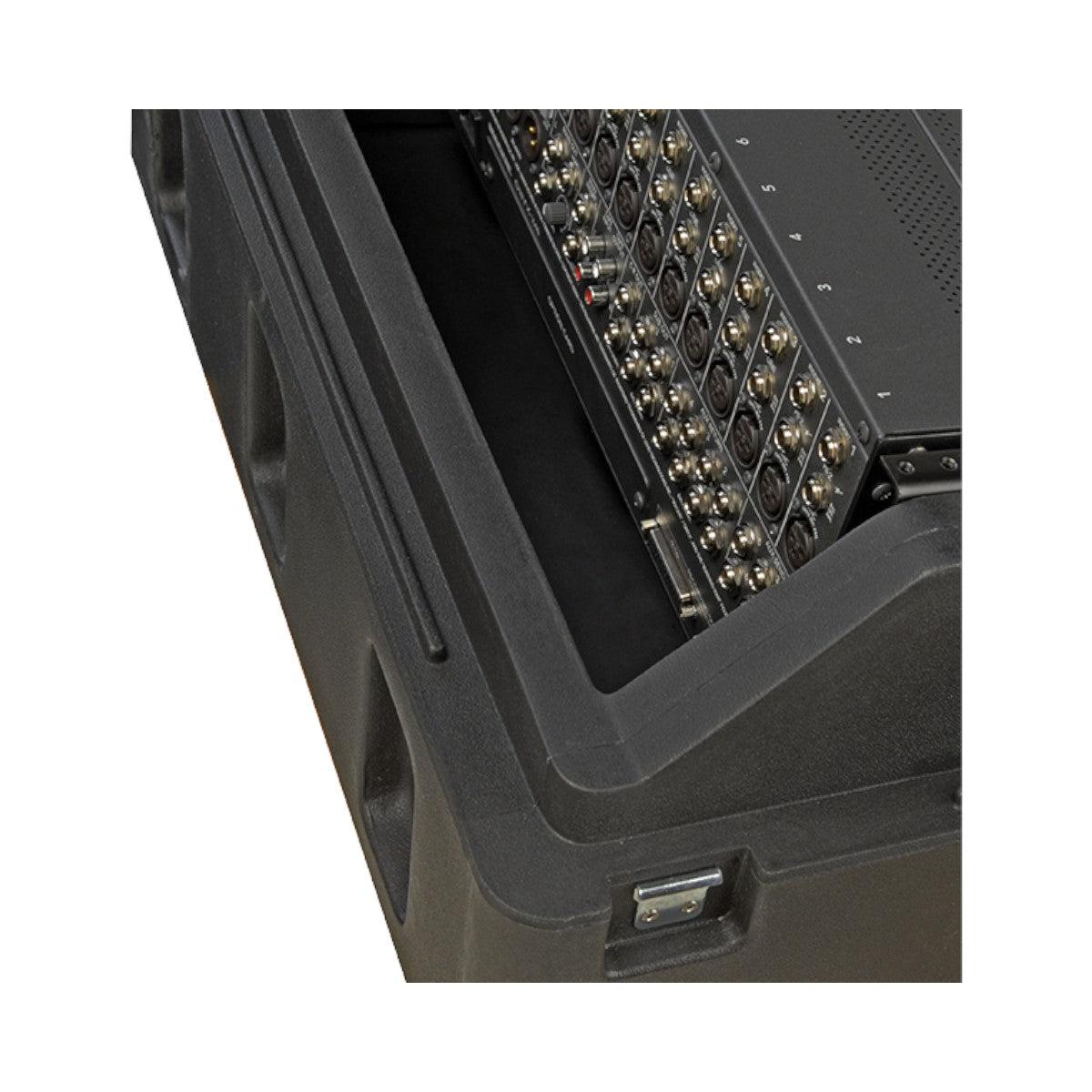 SKB Cases Gig Safe roto-molded rack case with mixer installed and extended lid for cable clearance