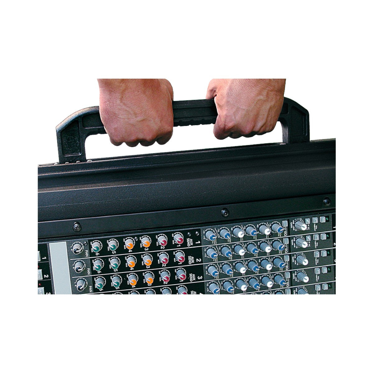 SKB Cases Gig Safe roto-molded rack case being carried by side handles with an audio mixer installed inside
