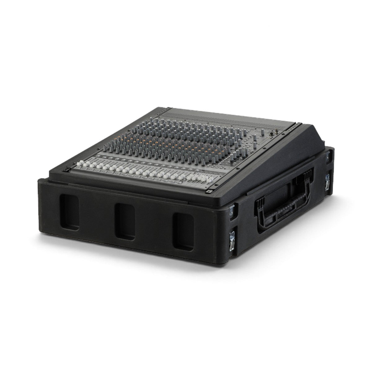SKB Cases Gig Safe roto-molded 14U rack case with a professional audio mixer installed in a black protective shell.