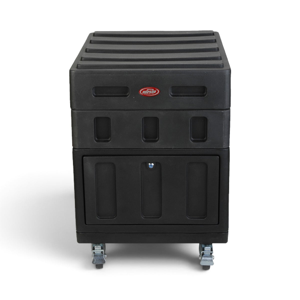 SKB Cases Gig Safe roto-molded 14U rack case in black with side handles and locking wheels on a white background.