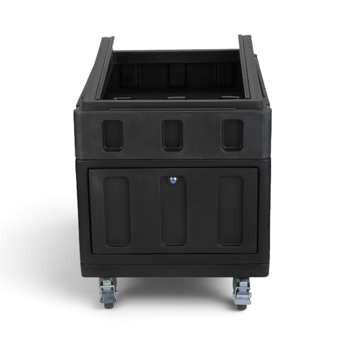SKB Cases Gig Safe roto-molded 14U rack case in black with recessed latches and heavy-duty wheels
