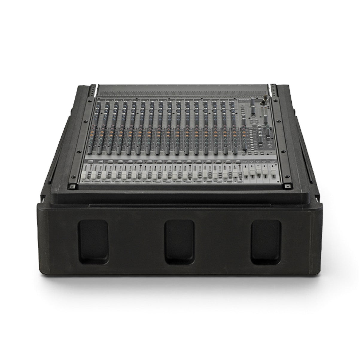 SKB Cases Gig Safe roto-molded 14U rack case housing a professional audio mixing console in a black durable shell.