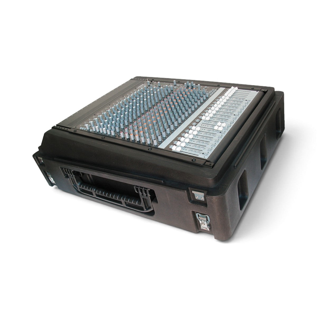 SKB Cases Gig Safe roto-molded 14U rack case with a professional audio mixer installed, featuring side handles.
