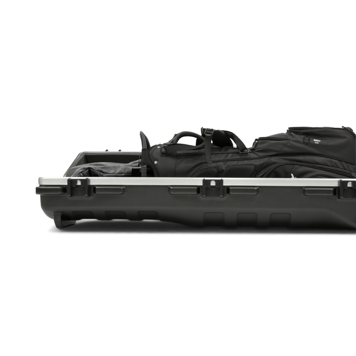 SKB Cases ATA Staff Pro XL golf travel case in black with a golf bag inside, featuring TSA-approved locking latches.