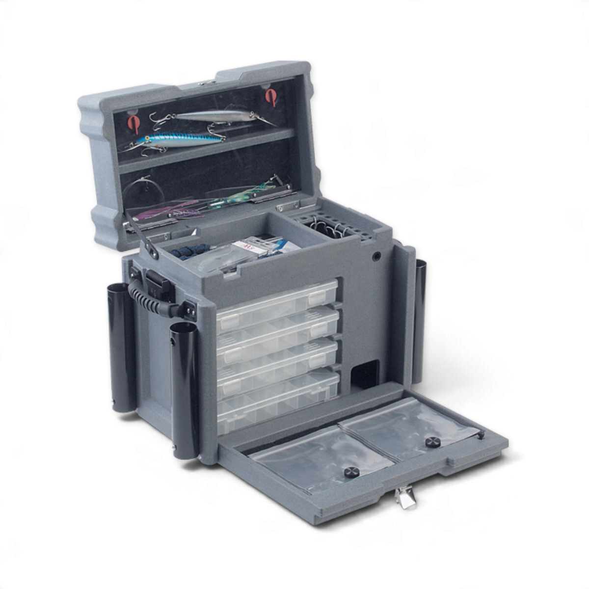 SKB Cases 7100 tackle box in grey with four internal storage drawers, hanging jig area, and rod tubes.