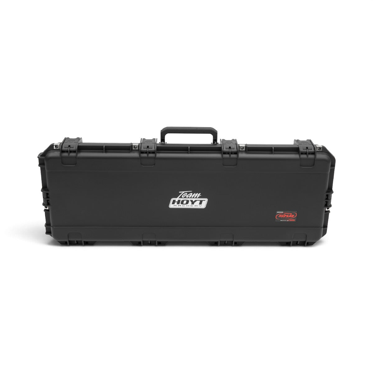 SKB Cases iSeries 4214-5 black waterproof bow case with Team Hoyt Archery branding and secure trigger latch system.