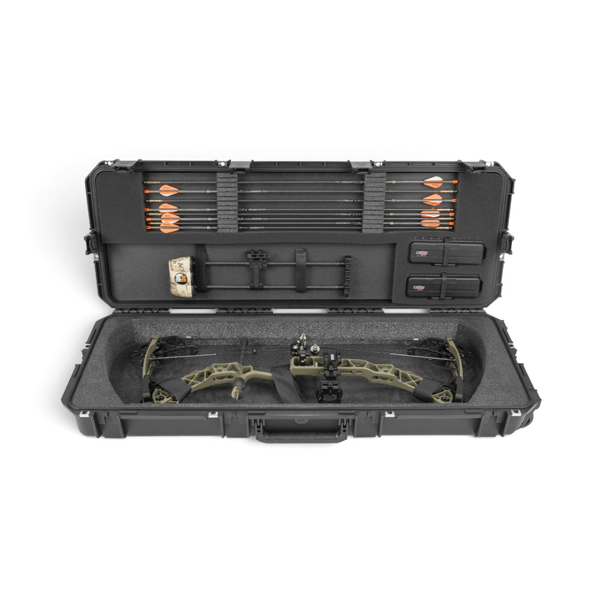 SKB Cases iSeries 4214-5 waterproof bow case containing a Hoyt parallel limb bow, arrows, and accessory compartments.