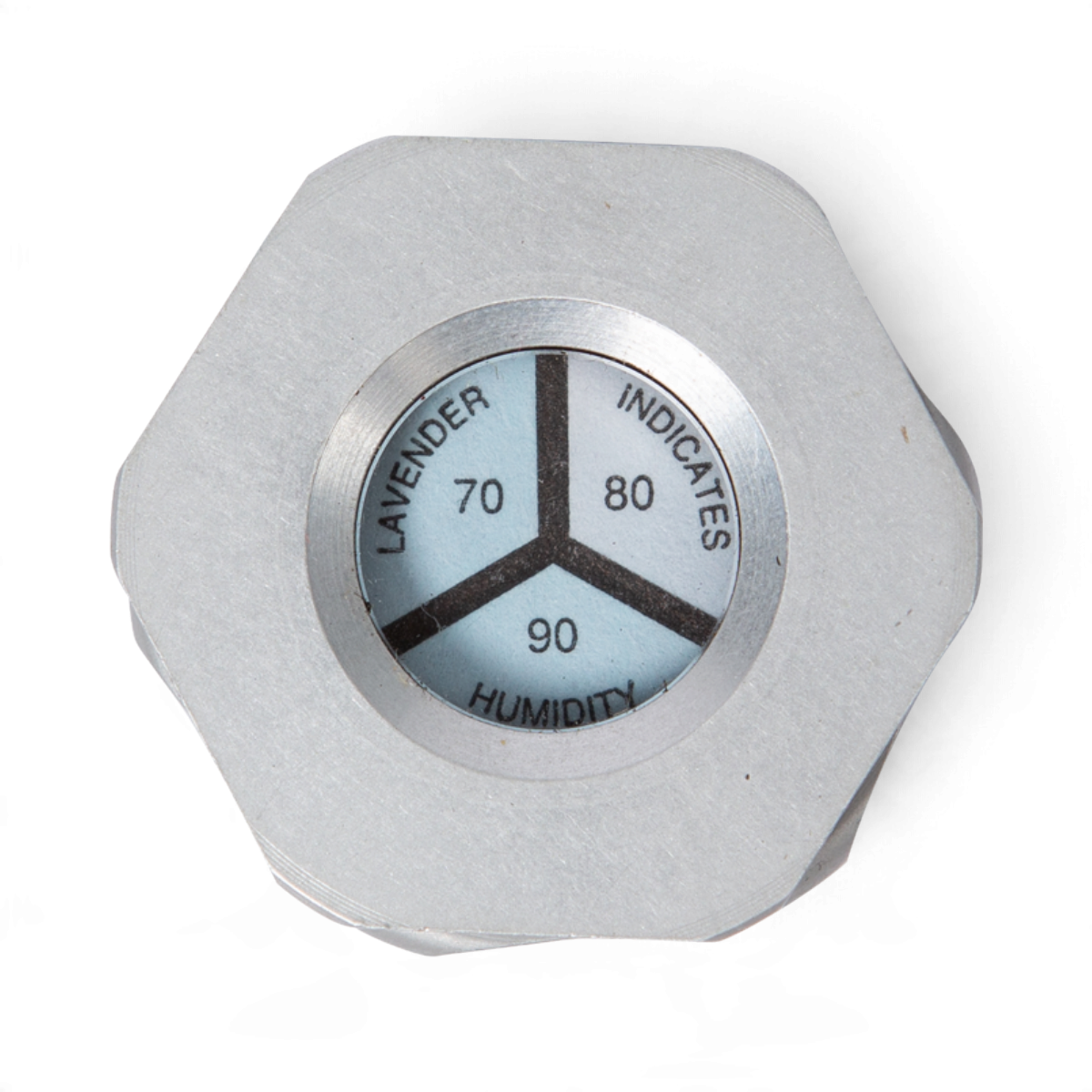 SKB Cases humidity indicator with a silver hexagonal metal casing and a circular gauge showing 70, 80, and 90 levels.