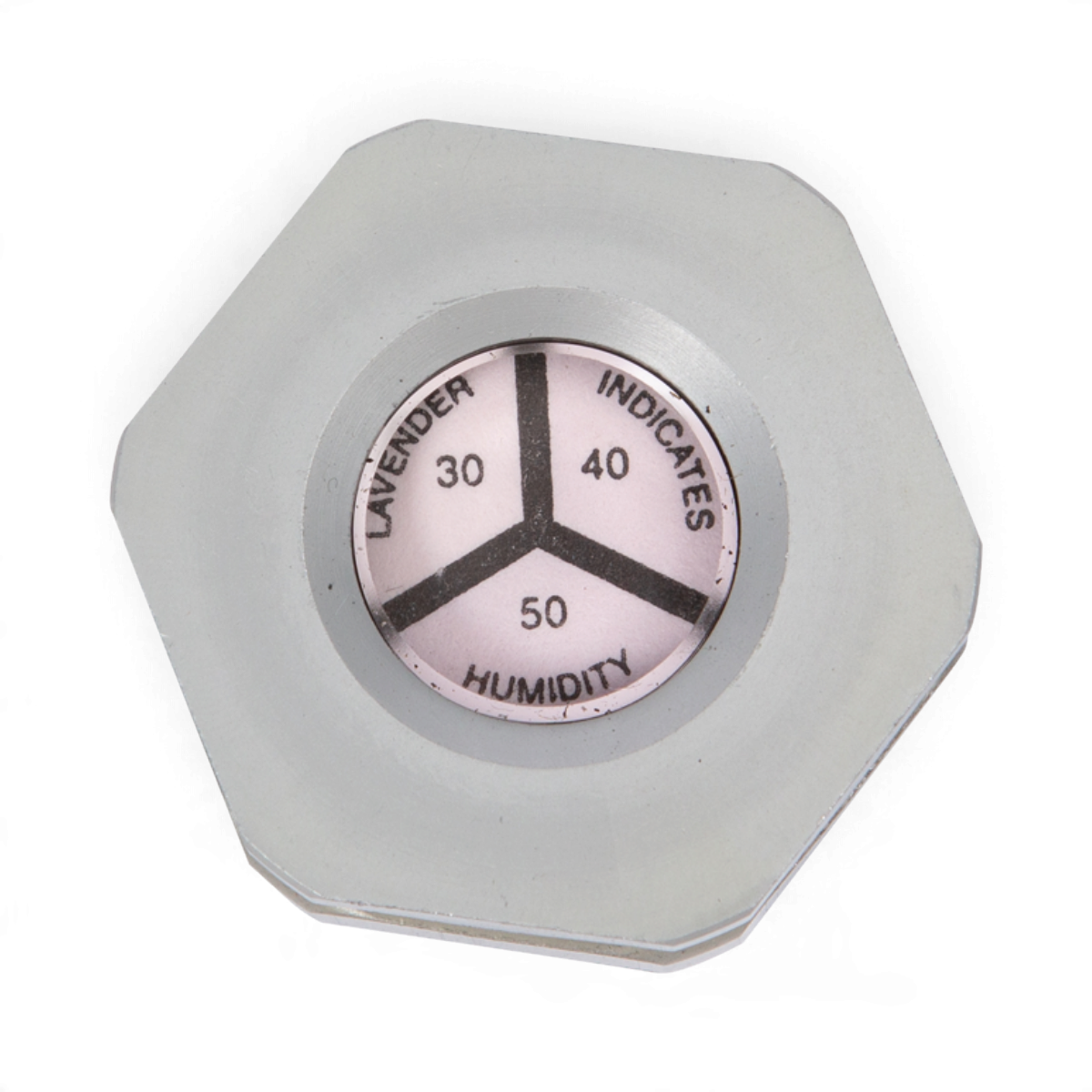 SKB Cases humidity indicator with 30, 40, and 50 percent markers on a circular lavender display in a silver housing.