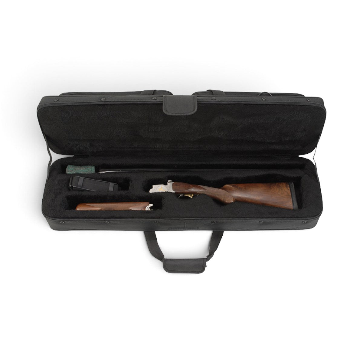 SKB Cases Hybrid Breakdown Shotgun Case 3409 in black ballistic nylon with plush interior and shotgun components.