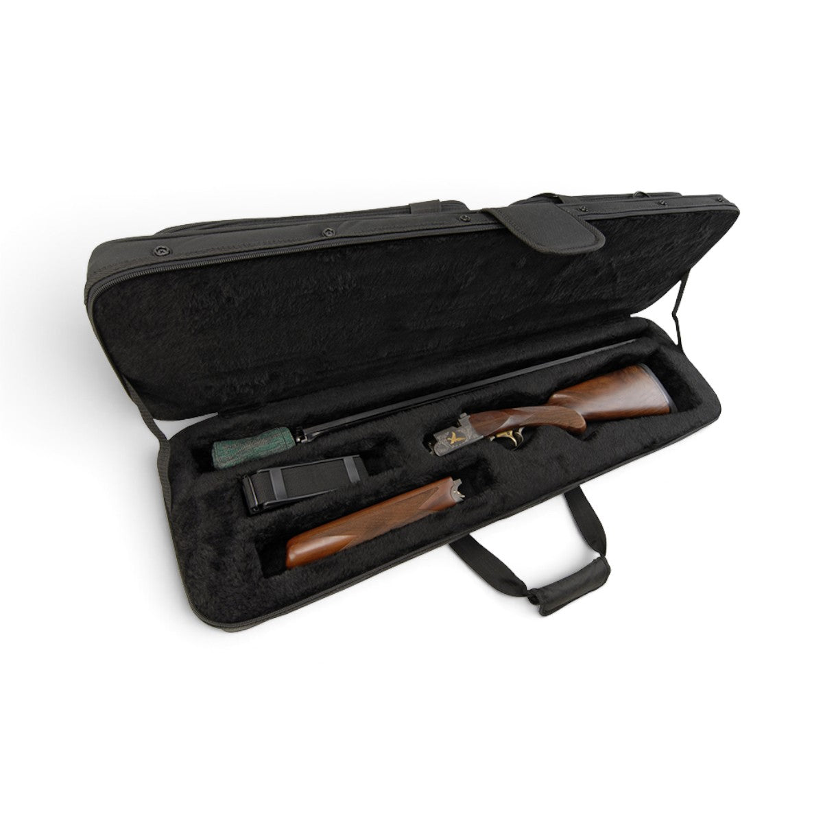 SKB Cases Hybrid Breakdown Shotgun Case 3409 with plush black interior holding a disassembled wooden shotgun