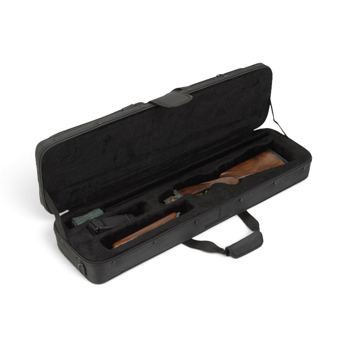 SKB Cases Hybrid Breakdown Shotgun Case 3409 in black ballistic nylon with plush interior and shotgun components