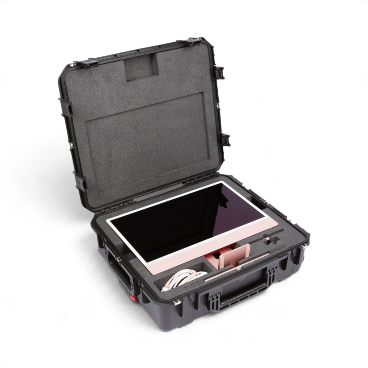 SKB Cases iSeries waterproof hard case containing a 24-inch iMac with custom foam interior for secure transport.