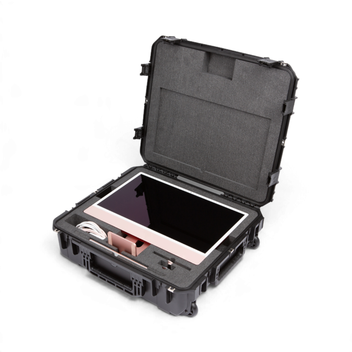 SKB Cases iSeries 2421-7 waterproof hard case with foam interior holding a 24-inch iMac and accessories.