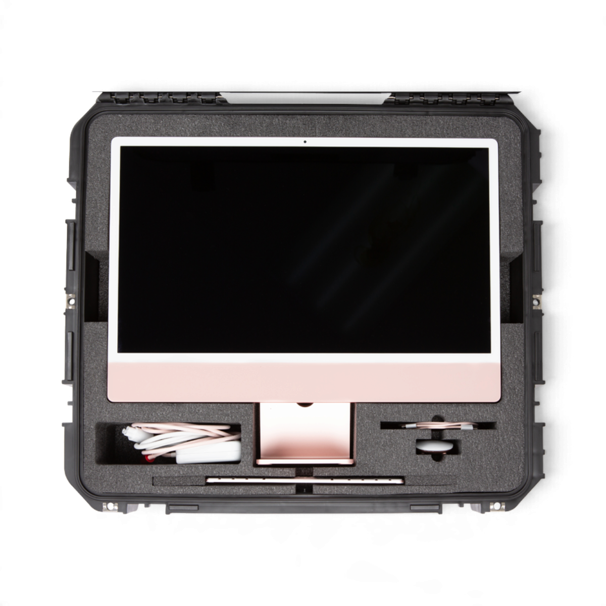 SKB Cases iSeries waterproof hard case with custom foam interior holding a 24-inch iMac, keyboard, and mouse.