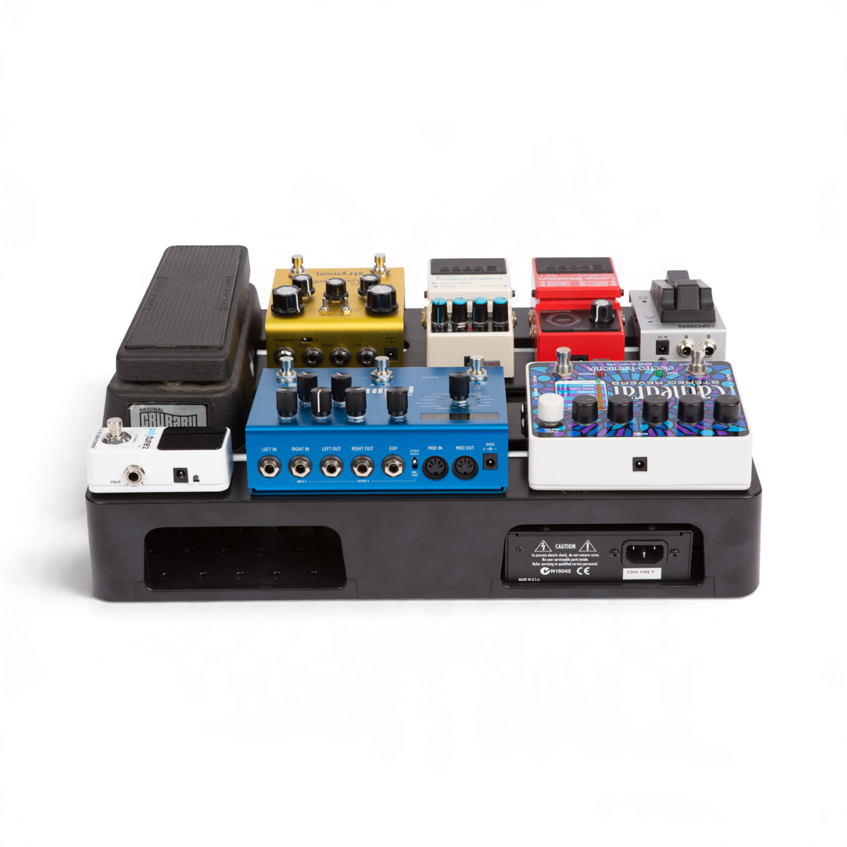 SKB Cases injection molded pedalboard loaded with various guitar effect pedals on a white background
