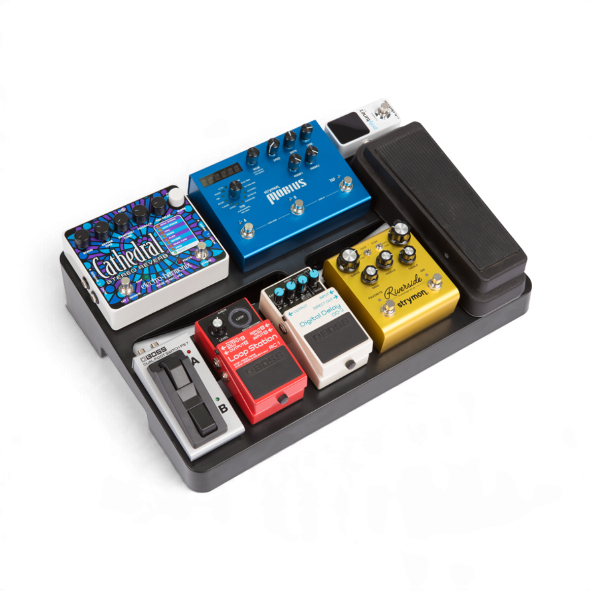 SKB Cases injection molded pedalboard holding eight guitar effect pedals on a black ABS frame with cable management.