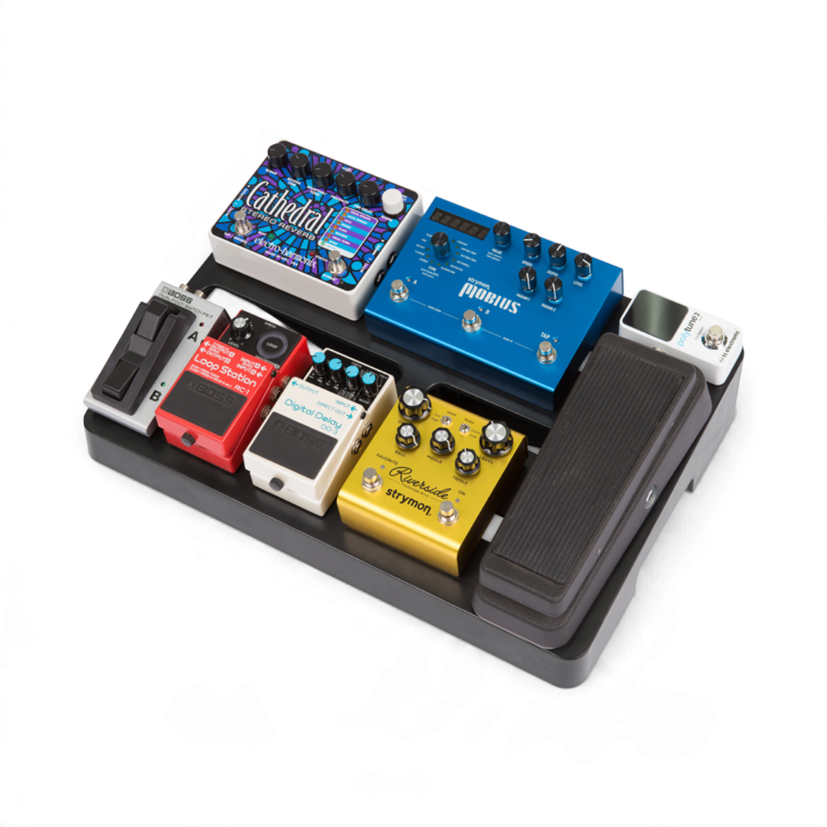 SKB Cases injection molded pedalboard holding eight guitar effect pedals on a black ABS frame with cable management.