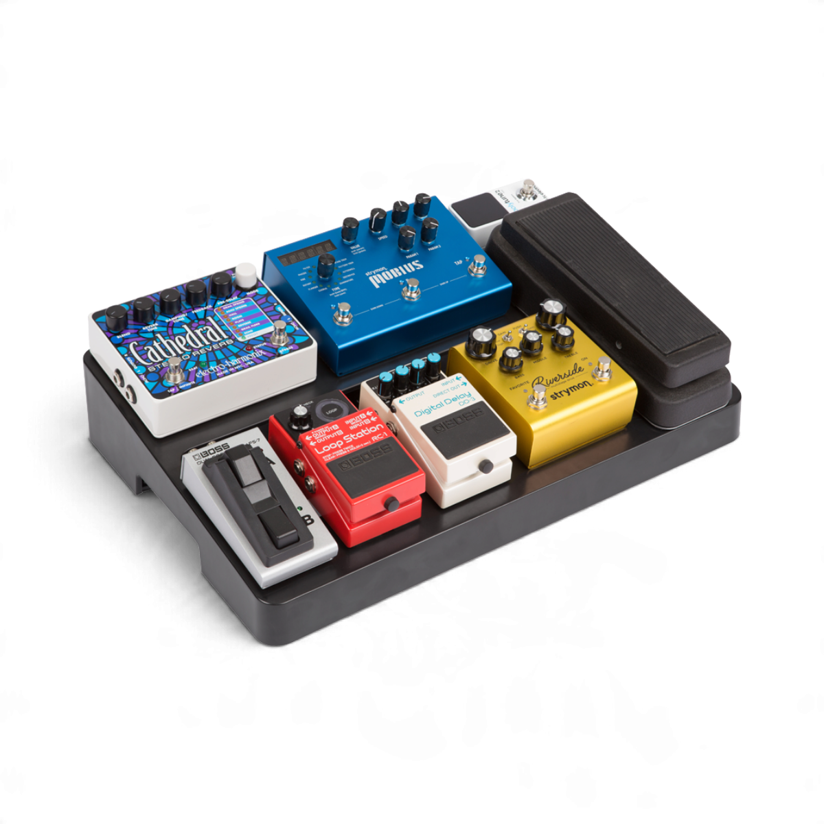 SKB Cases injection molded pedalboard holding various colorful guitar effect pedals on a black ABS frame