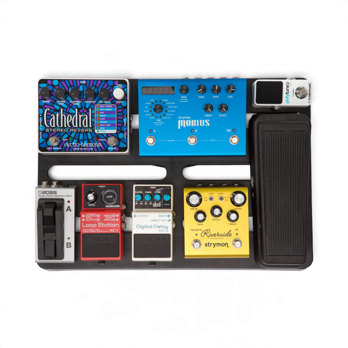 SKB Cases injection molded non-powered pedalboard in black holding eight various guitar effect pedals