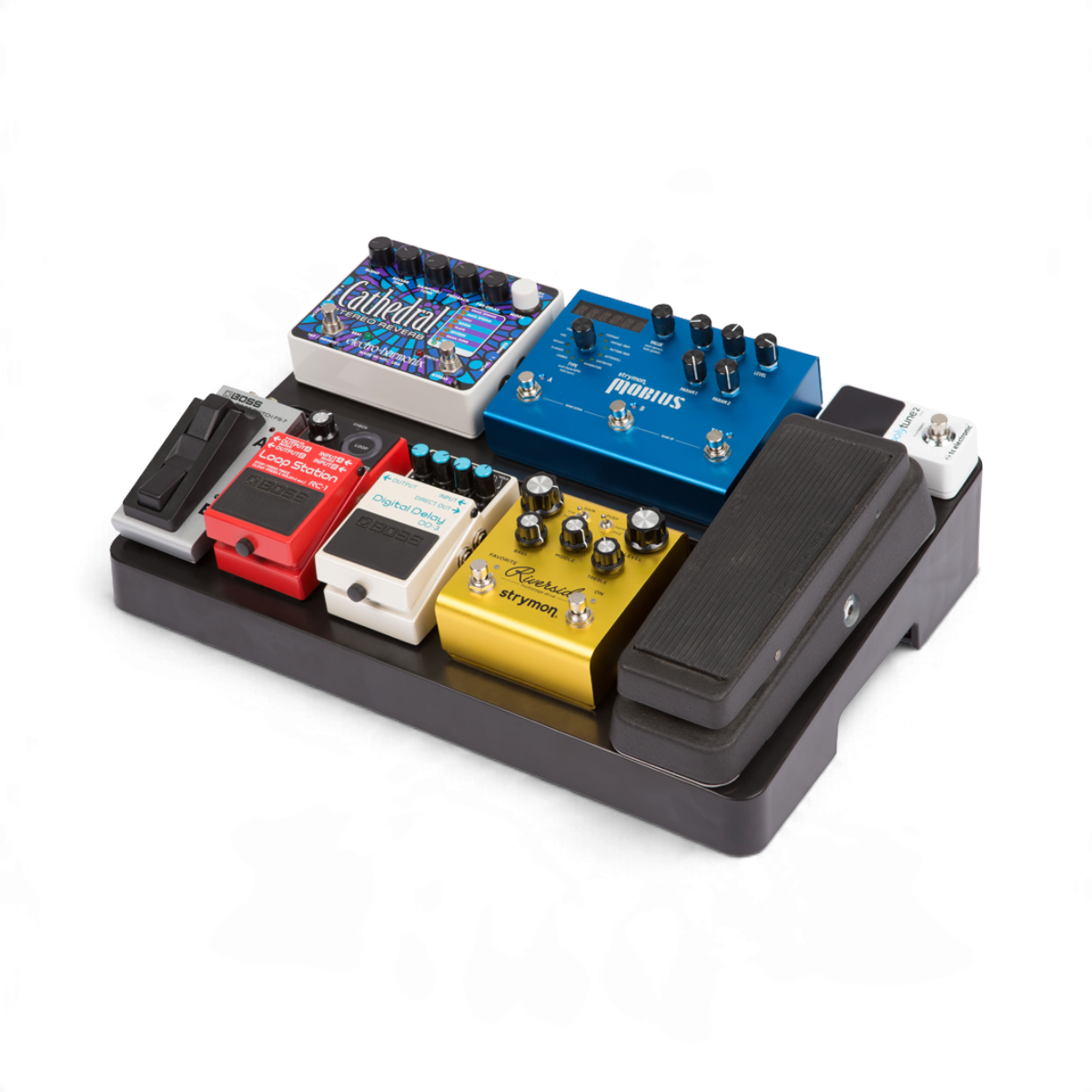 SKB Cases injection molded ABS pedalboard loaded with various guitar effect pedals on a white background