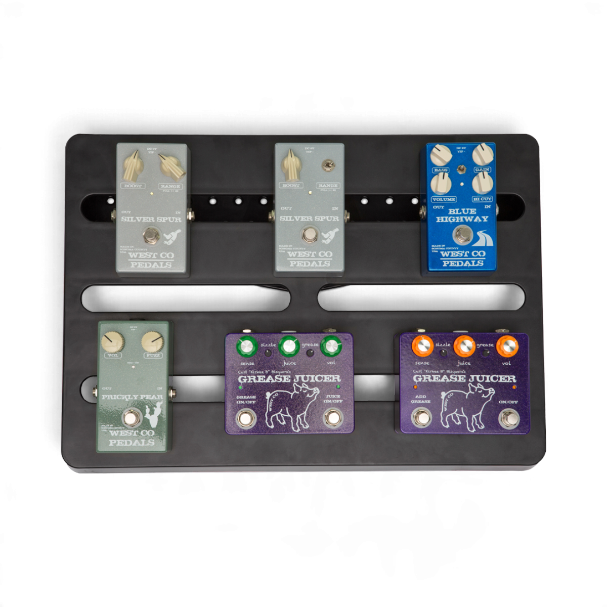 SKB Cases injection molded black pedalboard holding six various guitar effect pedals on a white background