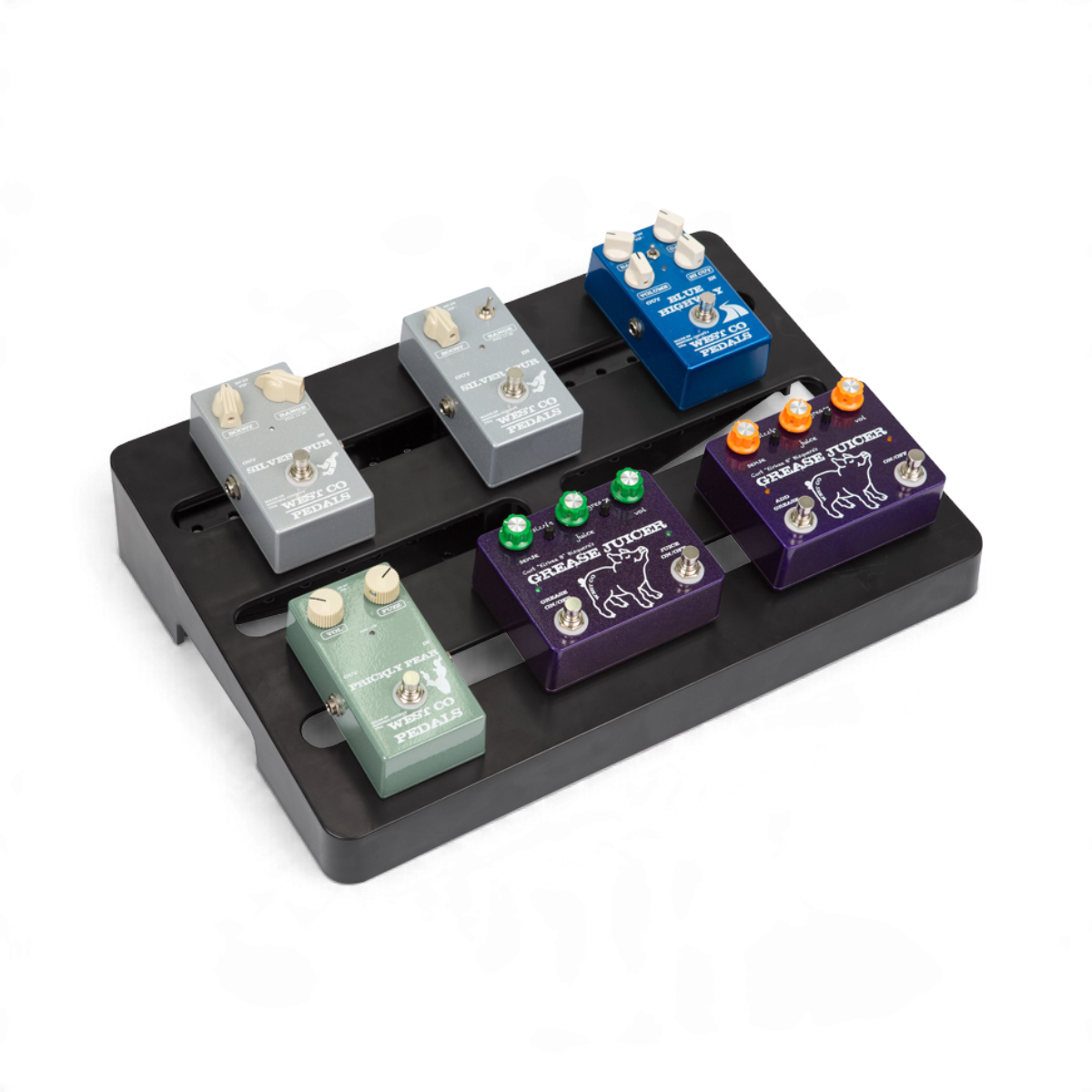 SKB Cases injection molded black ABS pedalboard holding five colorful guitar effect pedals on a white background