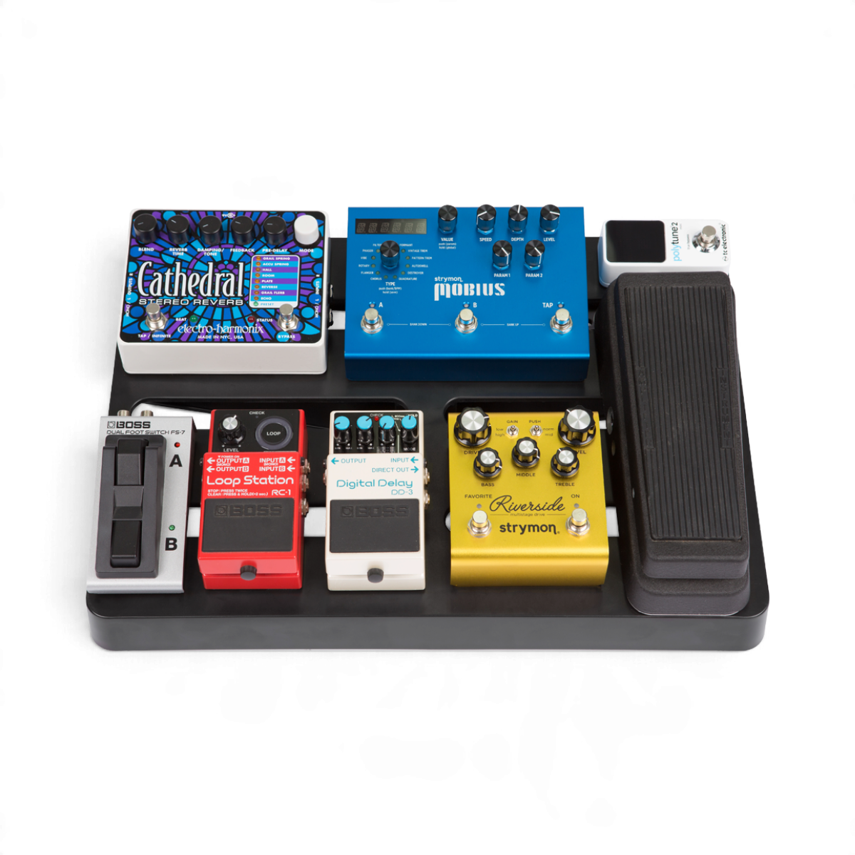 SKB Cases injection molded pedalboard loaded with eight diverse guitar effects pedals on a white background