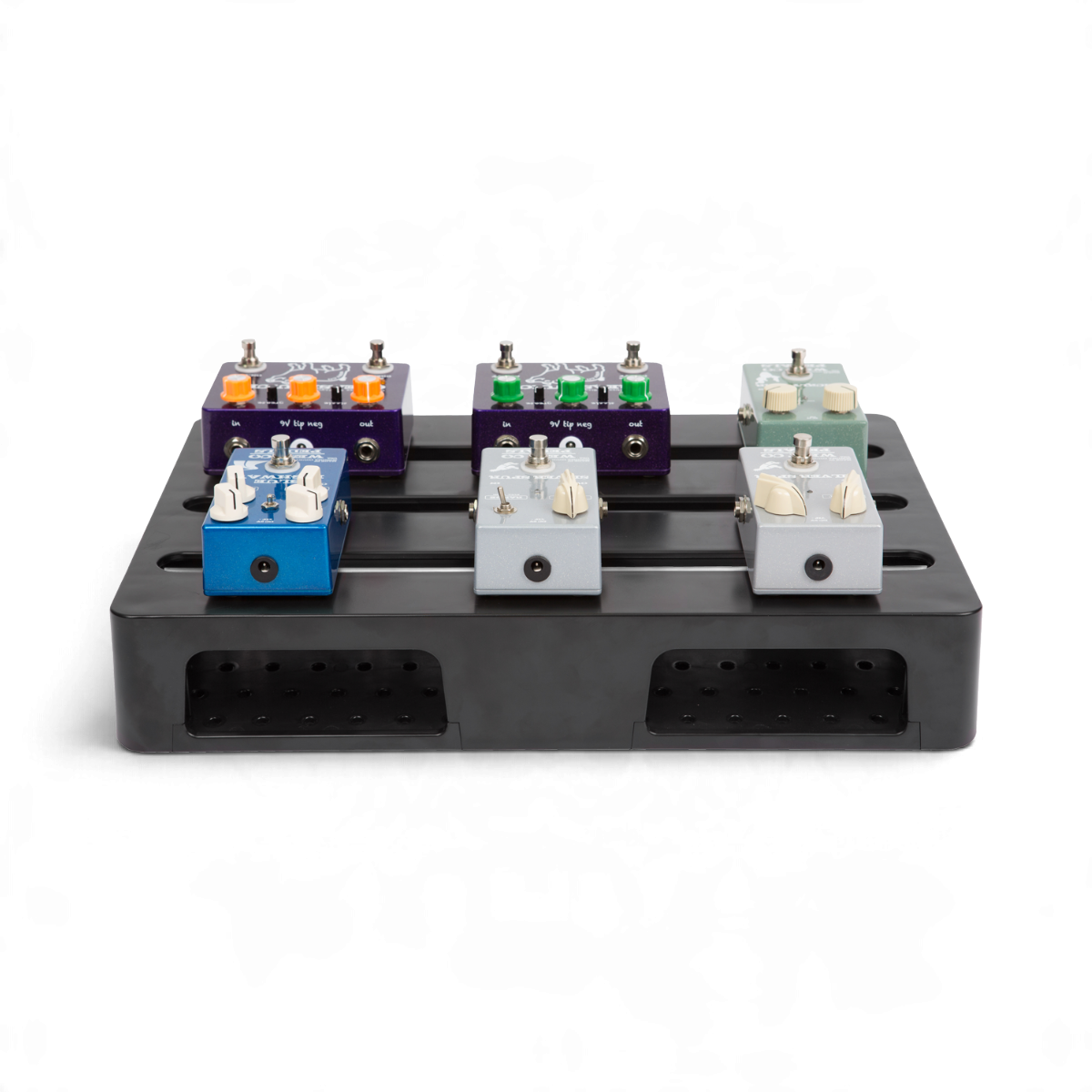 SKB Cases injection molded black ABS pedalboard holding six guitar effect pedals on a white background