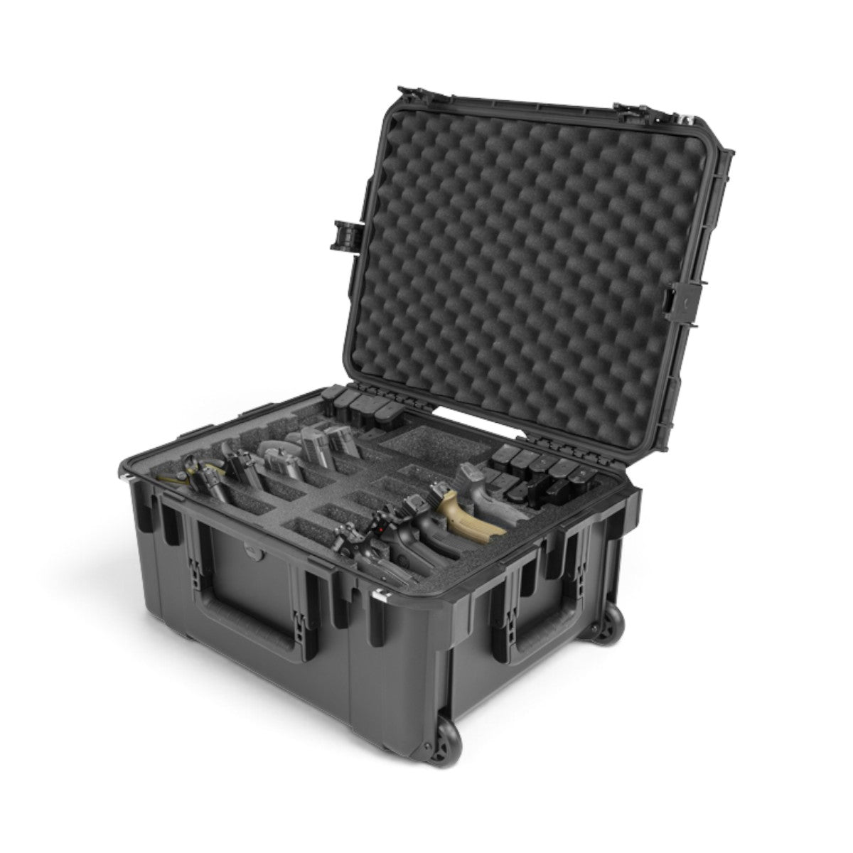 SKB Cases iSeries 2217-10 watertight black handgun case with custom foam interior for 10 pistols and 20 magazines.