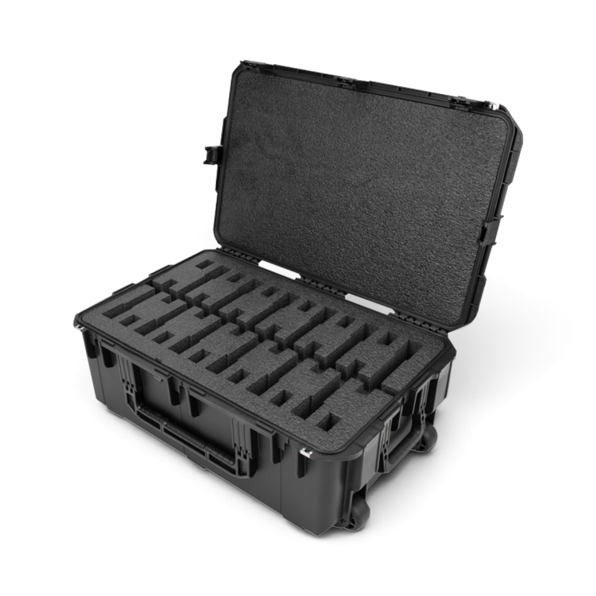 SKB Cases iSeries 12-pack M9 pistol case in black with precision-cut foam interior and integrated wheels.