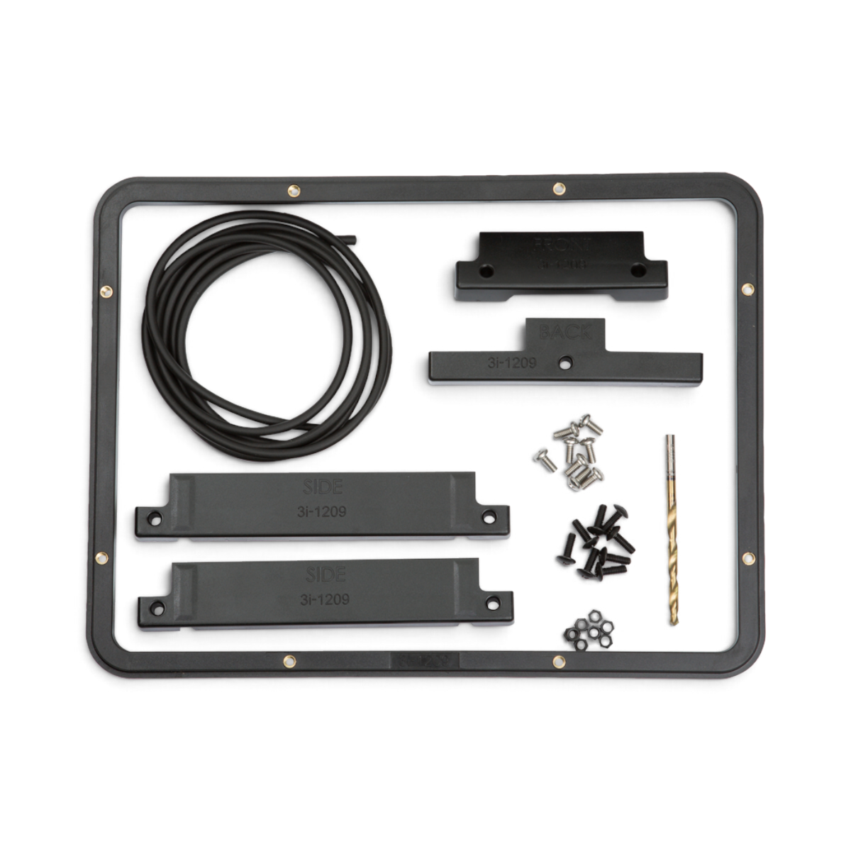 SKB Cases iSeries 1209 panel mounting ring kit with black frame, drill jigs, gasket, drill bit, and hardware.