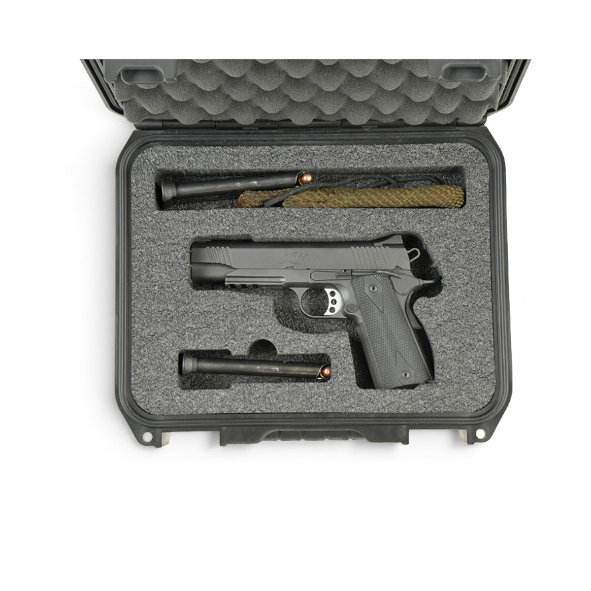 SKB Cases iSeries 1209 waterproof pistol case with black handgun and two magazines in custom high-density foam insert