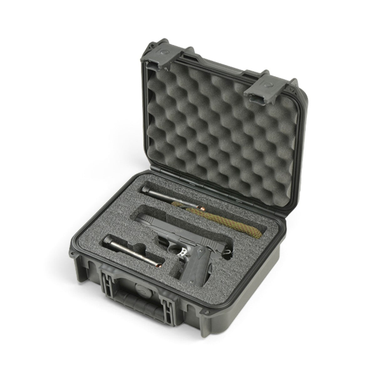 SKB Cases iSeries 1209 waterproof pistol case with custom foam interior holding a handgun and two magazines.