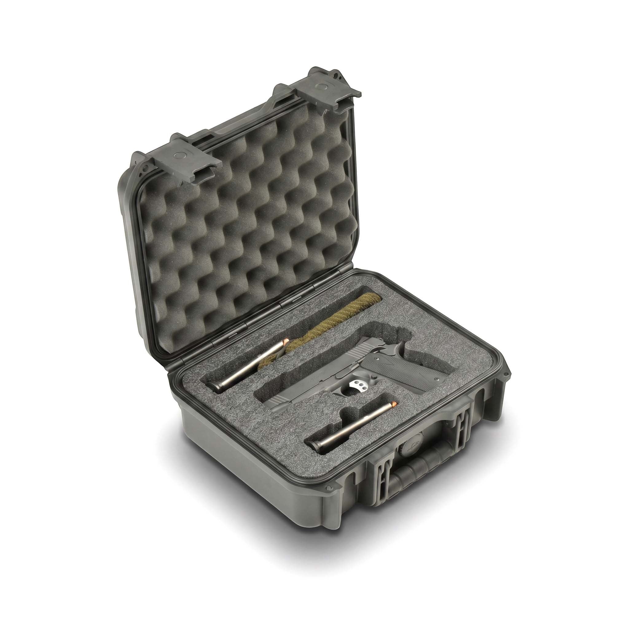 SKB Cases iSeries 1209 waterproof pistol case with custom foam interior holding a handgun and two magazines.