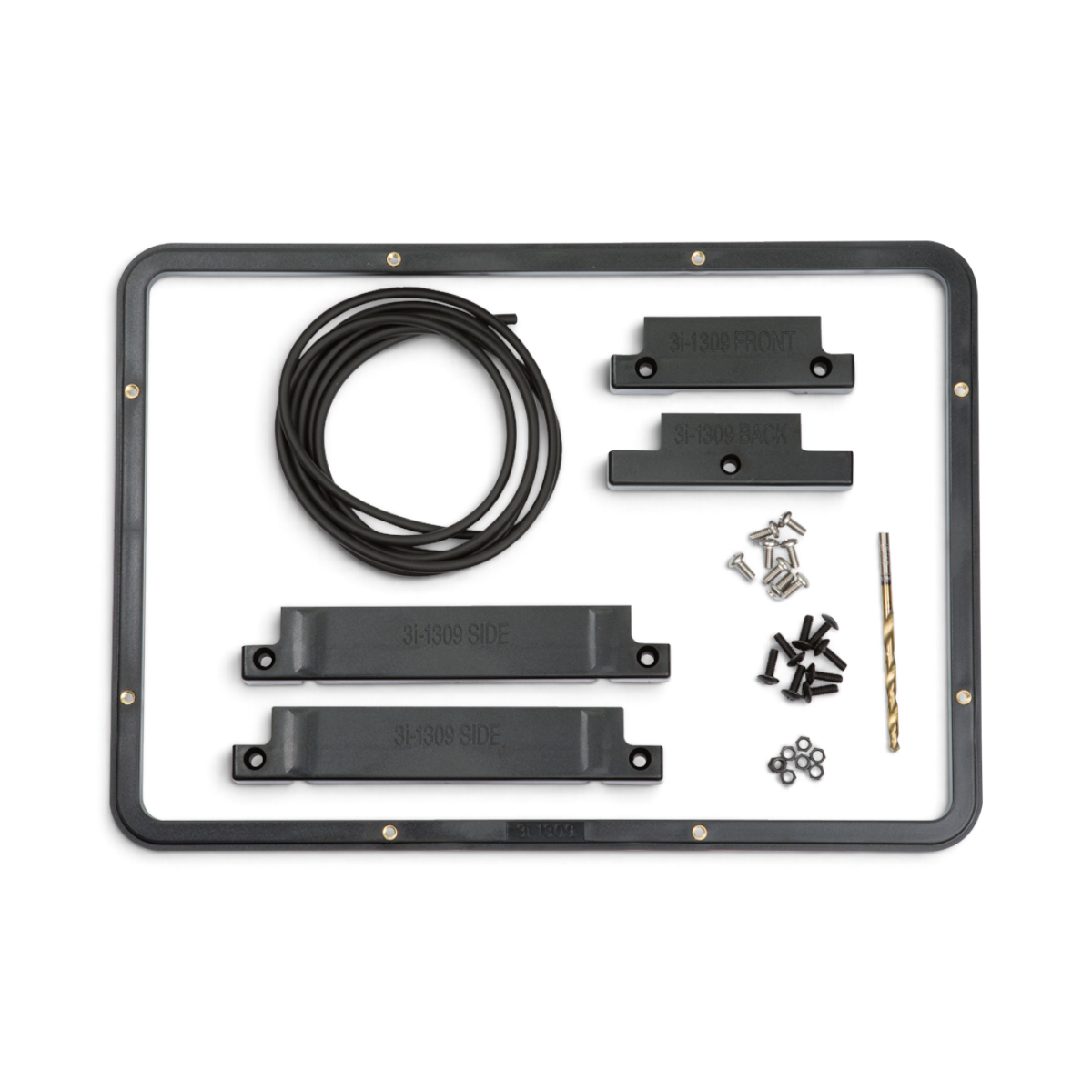 SKB Cases iSeries 1309 panel mounting ring kit with black frame, drill jigs, gasket, drill bit, and mounting hardware.