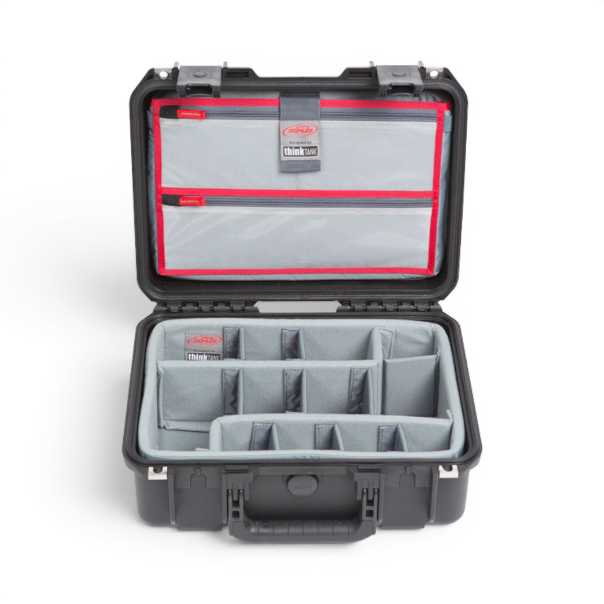 SKB Cases iSeries 1510-6 waterproof hard case with grey padded dividers and red-trimmed lid organizer interior.