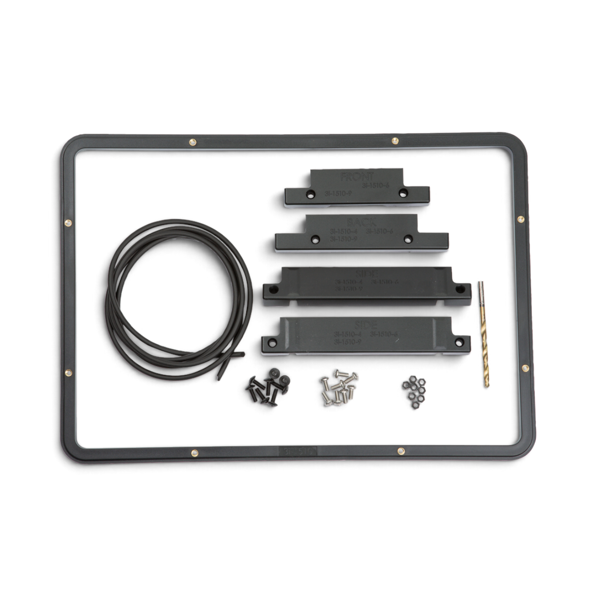 SKB Cases iSeries 1510 panel mounting ring kit with black frame, drill jigs, rubber gasket, and mounting hardware.