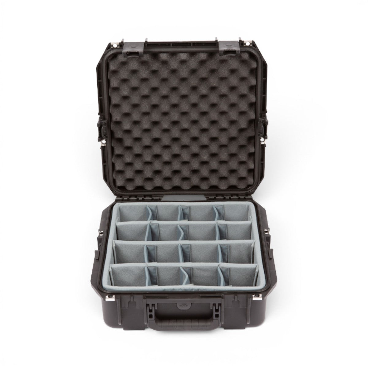 SKB Cases iSeries 1515-6 black waterproof hard case with open lid, foam-lined top, and grey padded interior dividers.