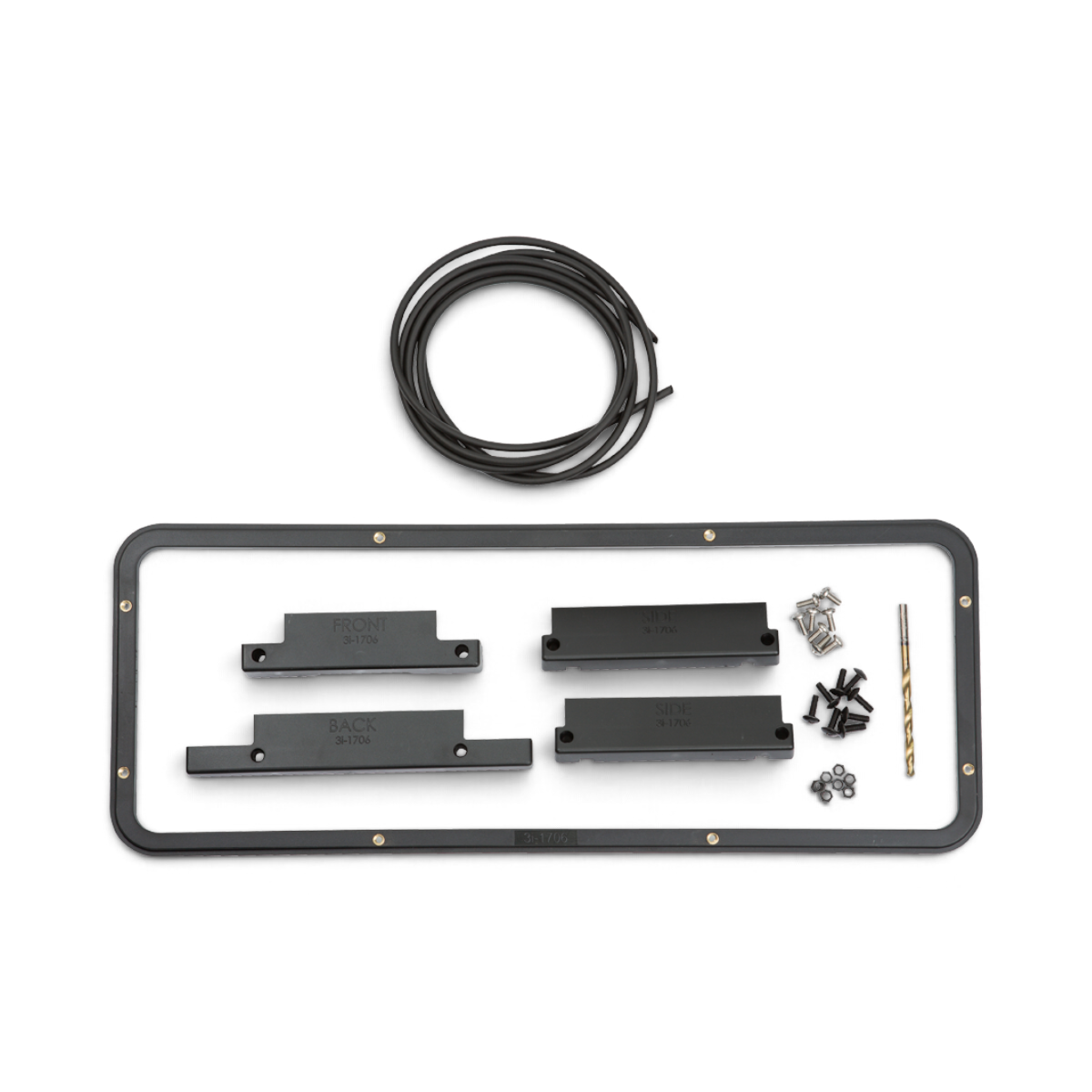 SKB Cases iSeries 1706 panel mounting ring kit with black frame, hardware, drill bit, and gasket for case interface.