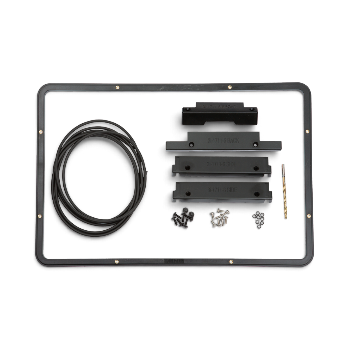 SKB Cases iSeries 1711 panel mounting ring kit with black frame, drill jigs, gasket, and mounting hardware.