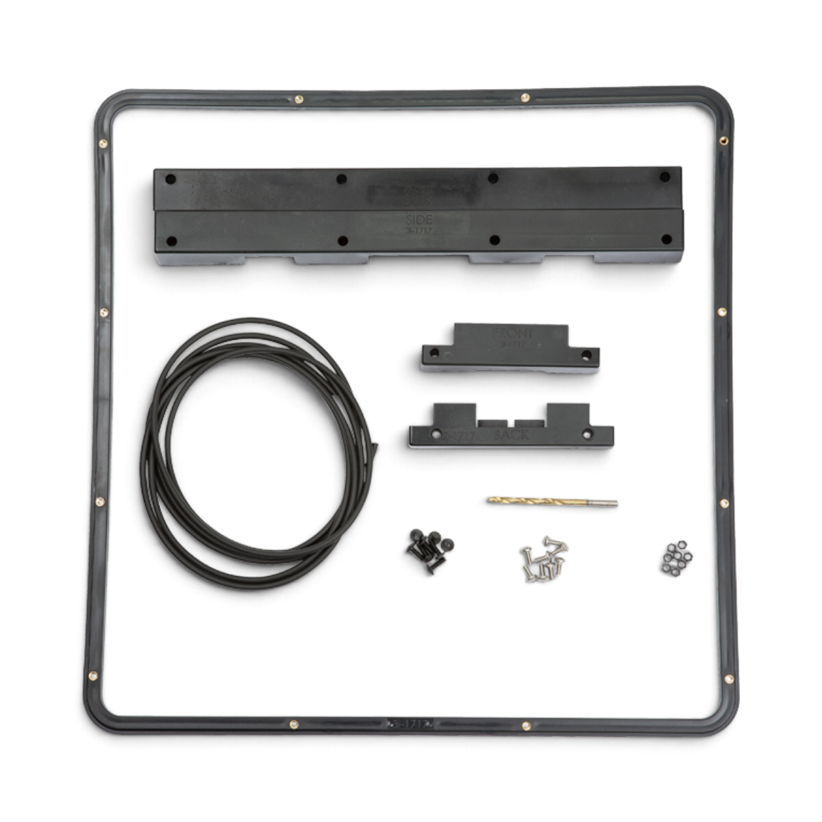 SKB Cases iSeries 1717 panel mounting ring kit with black frame, drill jigs, drill bit, gasket, and hardware.