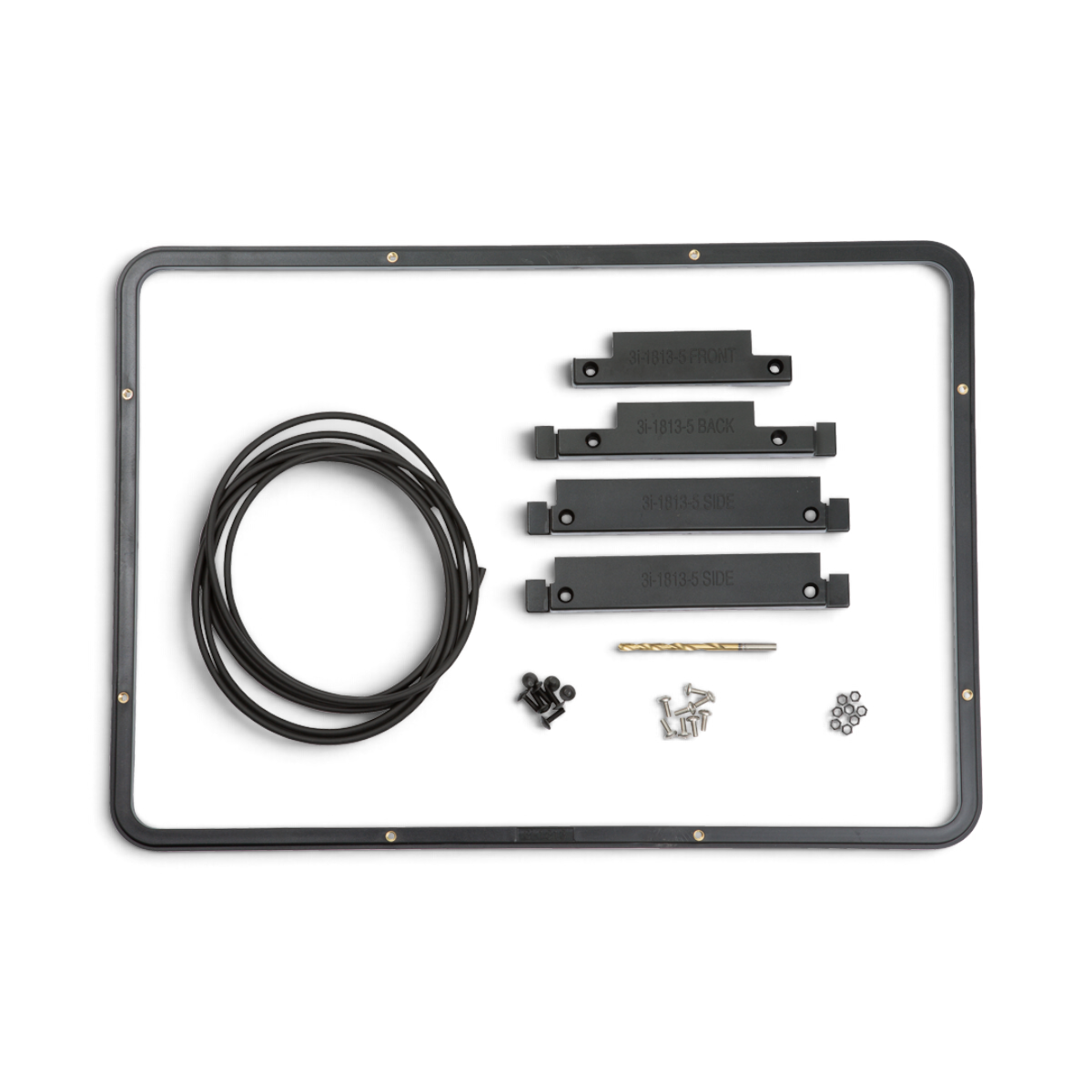 SKB Cases iSeries 1813 panel mounting ring kit with black frame, hardware, drill bit, and gasket for case interface.