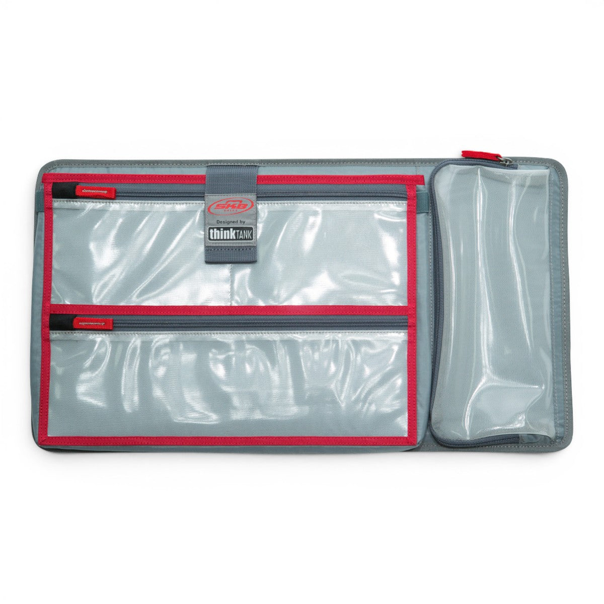 SKB Cases iSeries 2011 lid organizer with clear zippered mesh pockets and red trim designed by Think Tank