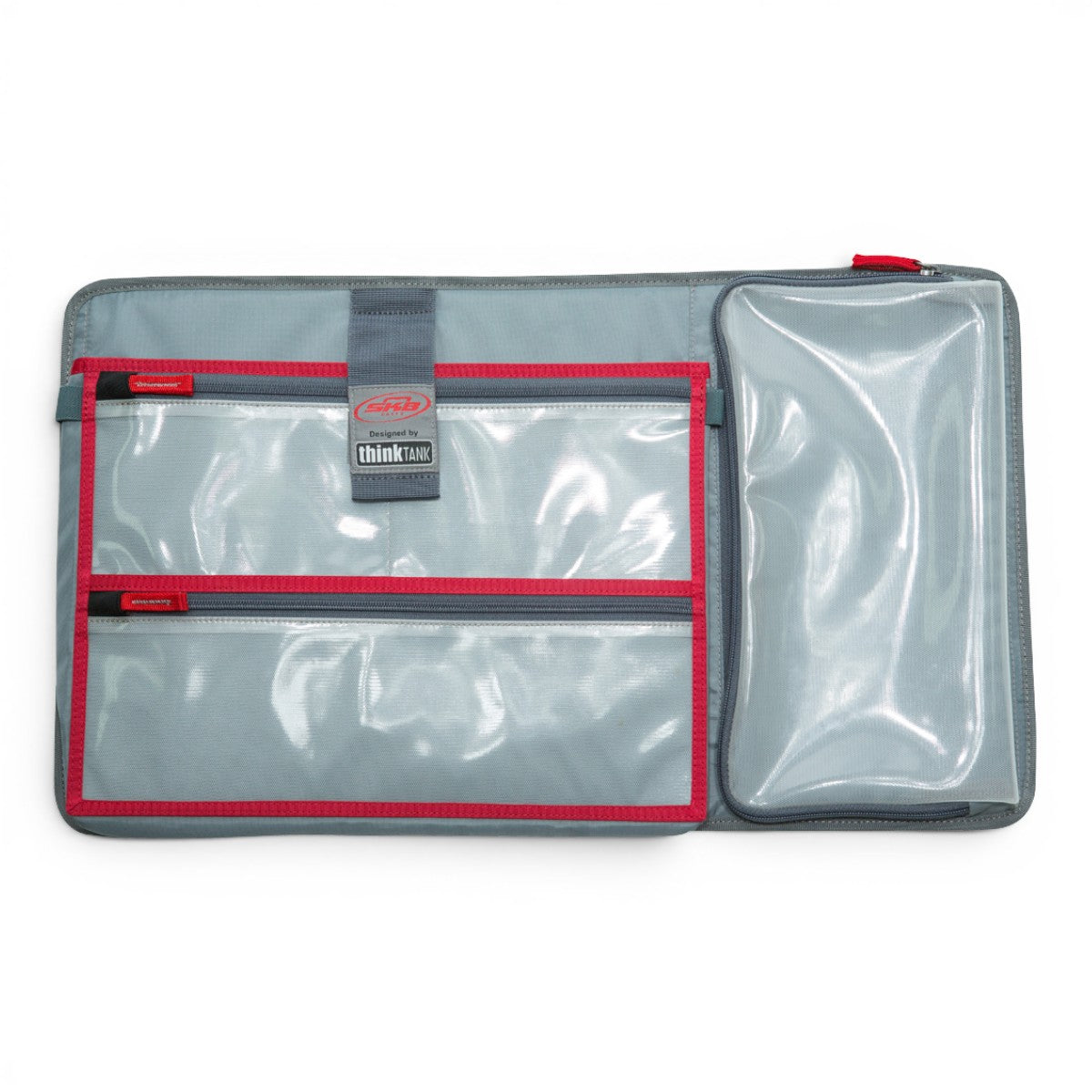 SKB Cases iSeries 2213 lid organizer with clear zippered mesh pockets and Think Tank branding for accessory storage.