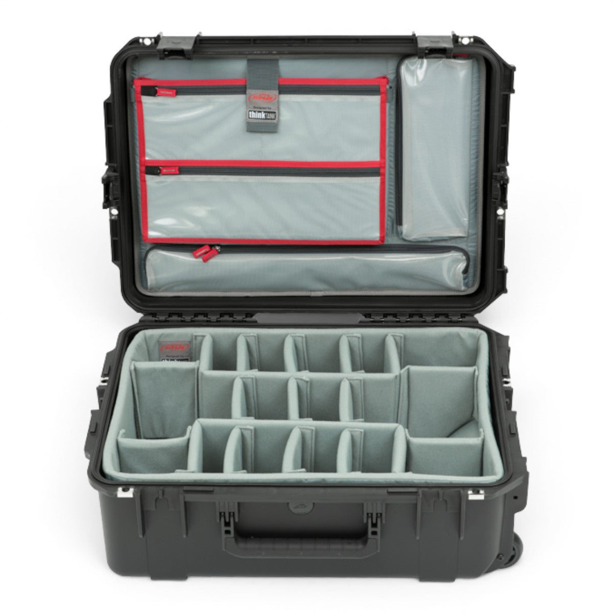 SKB Cases iSeries 2215-8 waterproof hard case with grey padded dividers and red-trimmed internal lid organizer