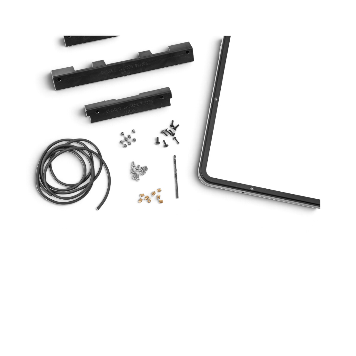 SKB Cases iSeries 2217 panel mounting ring kit with black frame, rubber gasket, drill bit, and mounting hardware.