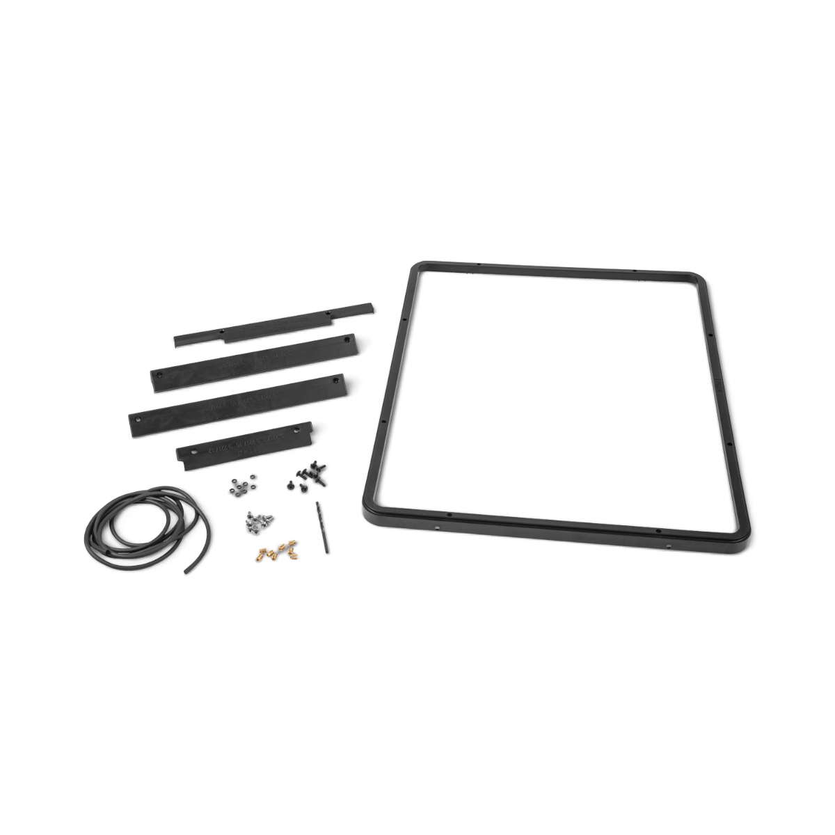 SKB Cases iSeries 2217 panel mounting ring kit with black frame, drill jigs, rubber gasket, and hardware components.